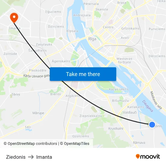 Ziedonis to Imanta map