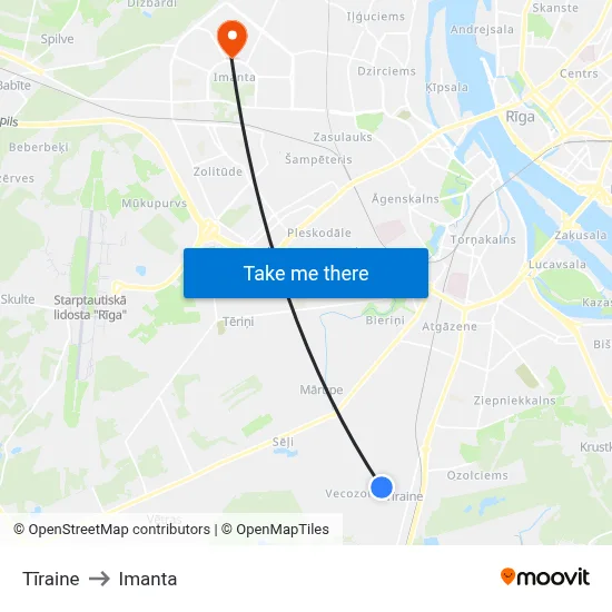 Tīraine to Imanta map