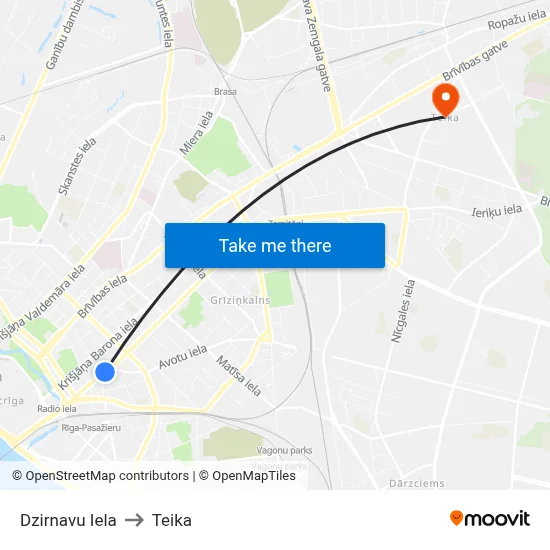 Dzirnavu Iela to Teika map