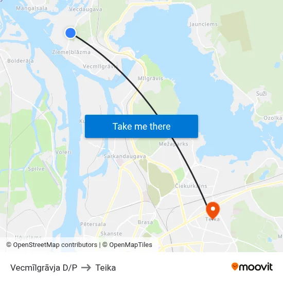 Vecmīlgrāvja D/P to Teika map