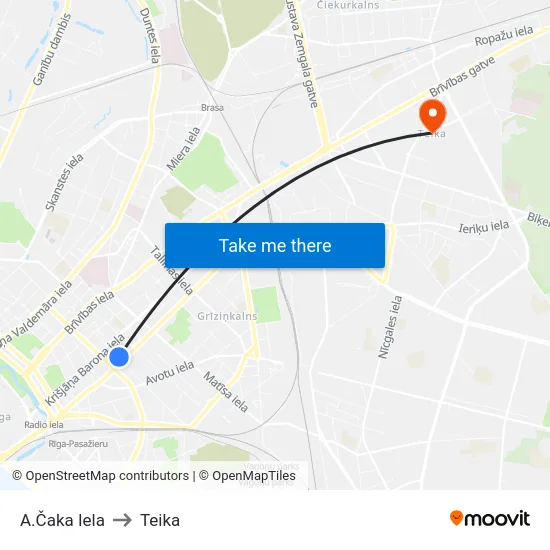 A.Čaka Iela to Teika map