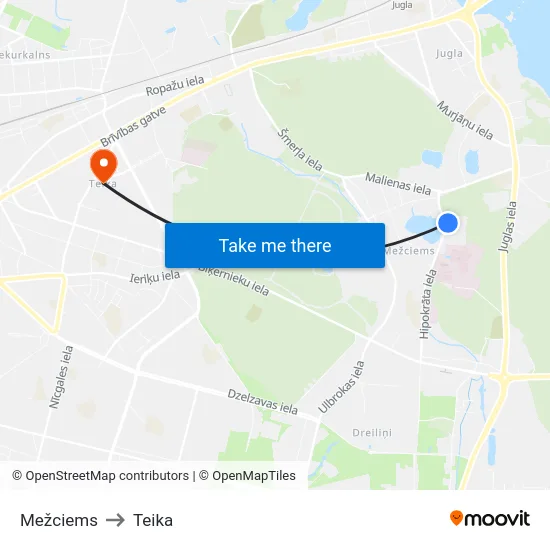 Mežciems to Teika map