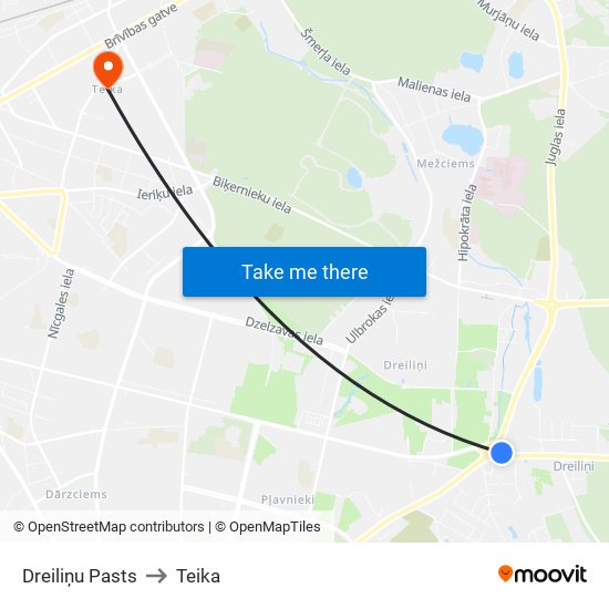 Dreiliņu Pasts to Teika map