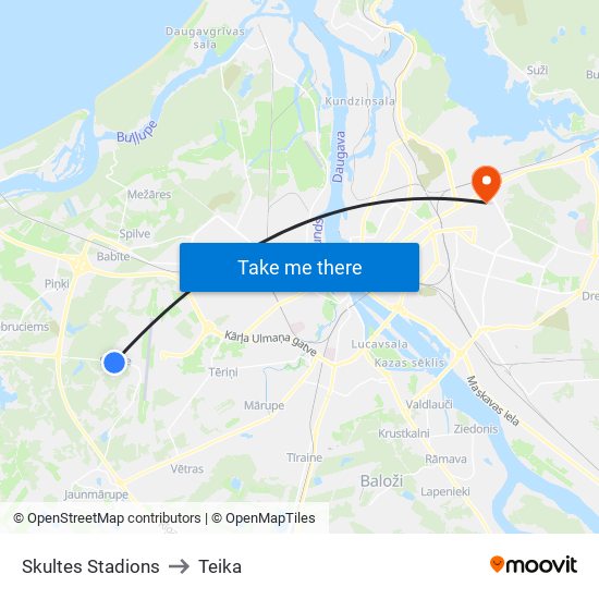 Skultes Stadions to Teika map