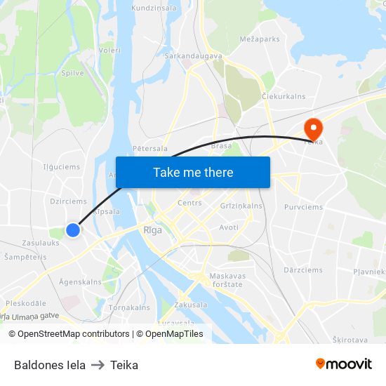 Baldones Iela to Teika map