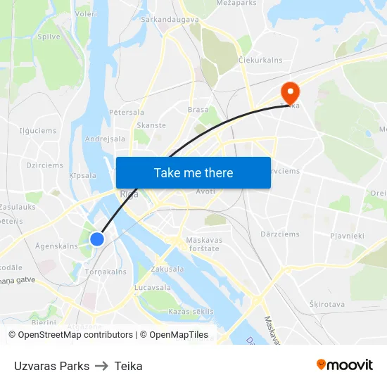 Uzvaras Parks to Teika map