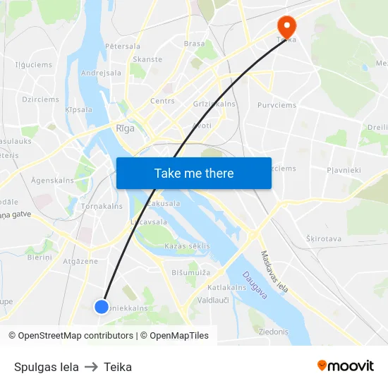 Spulgas Iela to Teika map