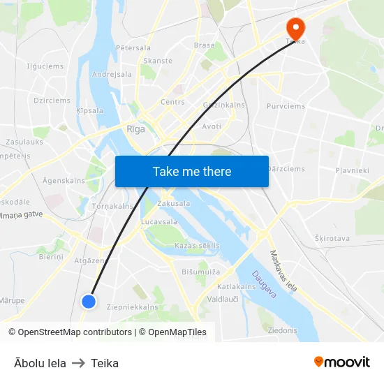 Ābolu Iela to Teika map