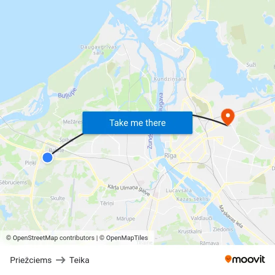 Priežciems to Teika map