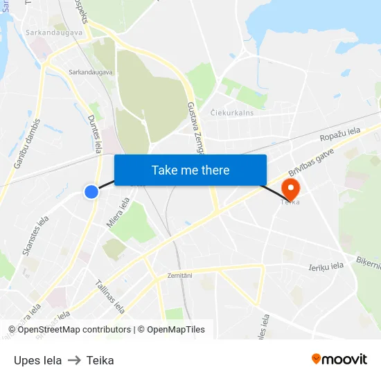 Upes Iela to Teika map