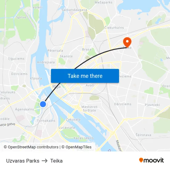 Uzvaras Parks to Teika map