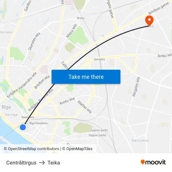 Centrāltirgus to Teika map
