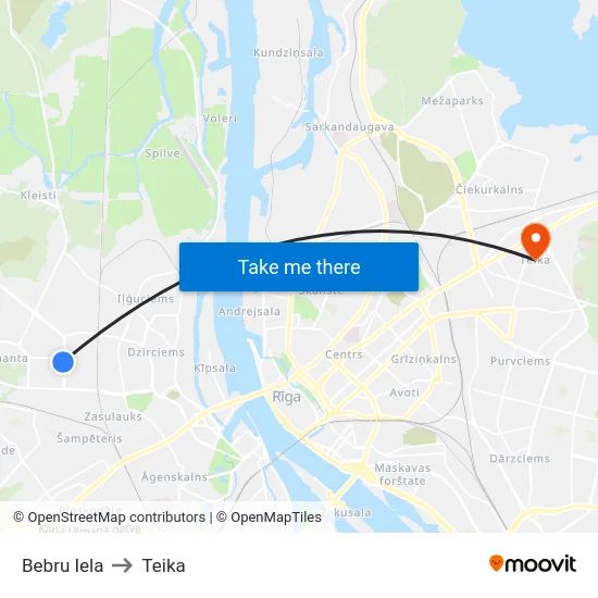 Bebru Iela to Teika map