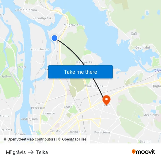 Mīlgrāvis to Teika map