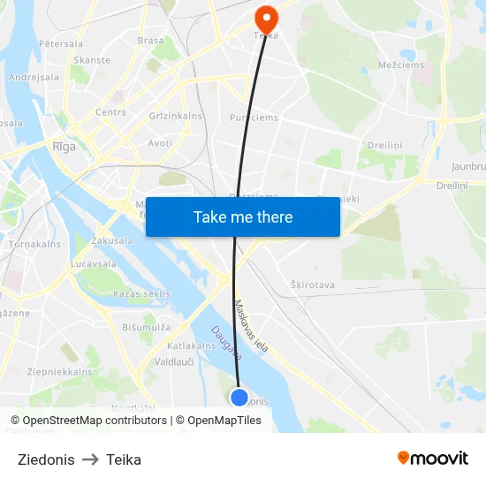 Ziedonis to Teika map