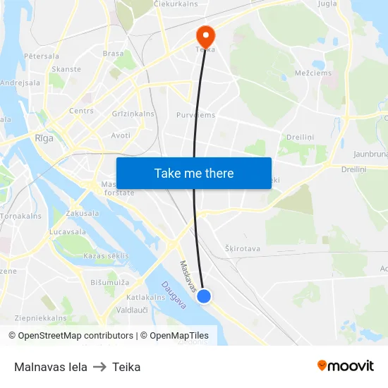 Malnavas Iela to Teika map