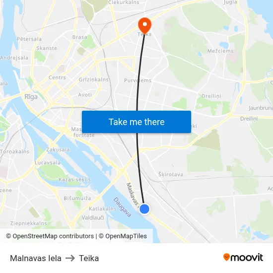 Malnavas Iela to Teika map