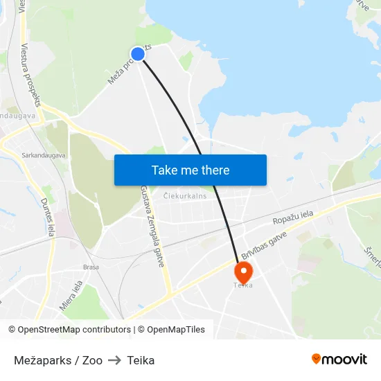 Mežaparks / Zoo to Teika map