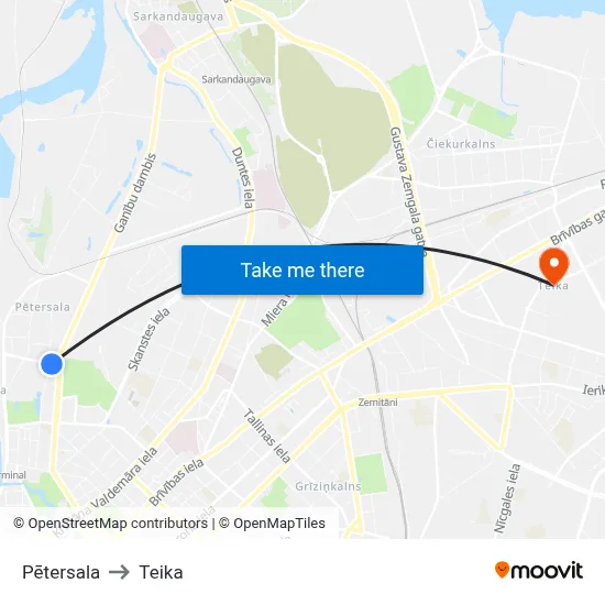Pētersala to Teika map