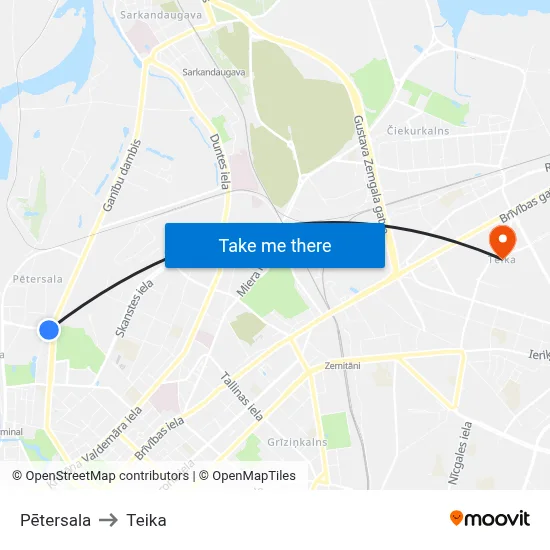 Pētersala to Teika map