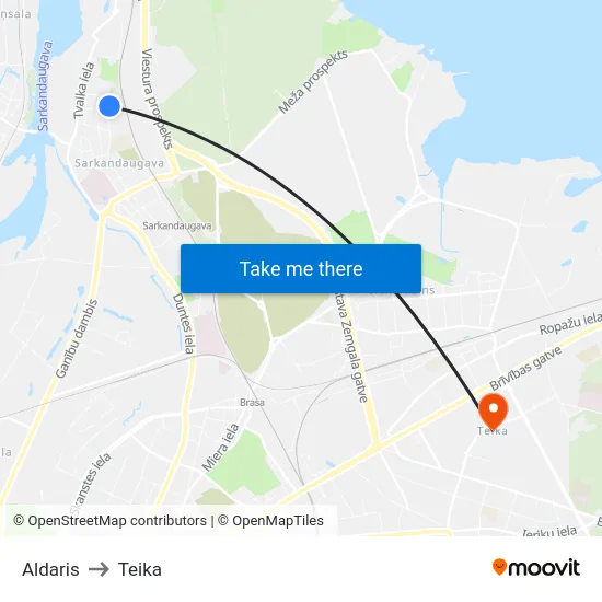 Aldaris to Teika map