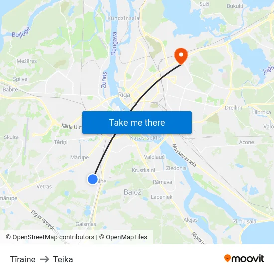 Tīraine to Teika map
