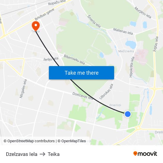 Dzelzavas Iela to Teika map