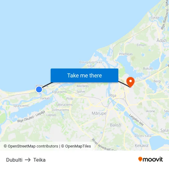 Dubulti to Teika map