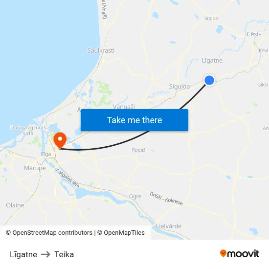 Līgatne to Teika map
