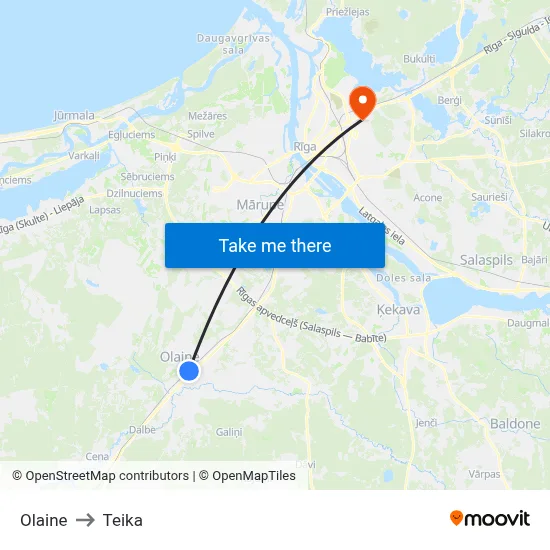Olaine to Teika map