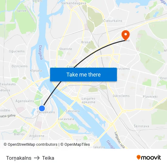 Torņakalns to Teika map