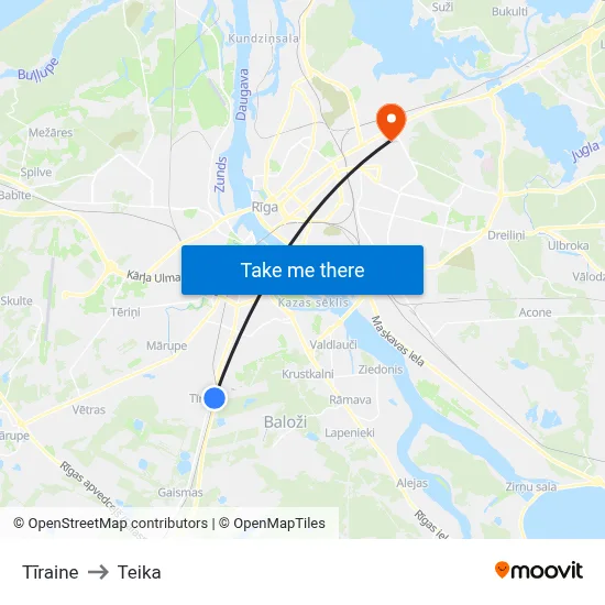 Tīraine to Teika map