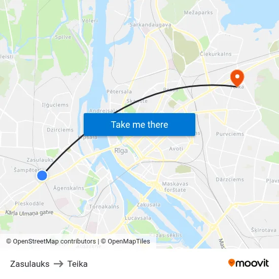 Zasulauks to Teika map