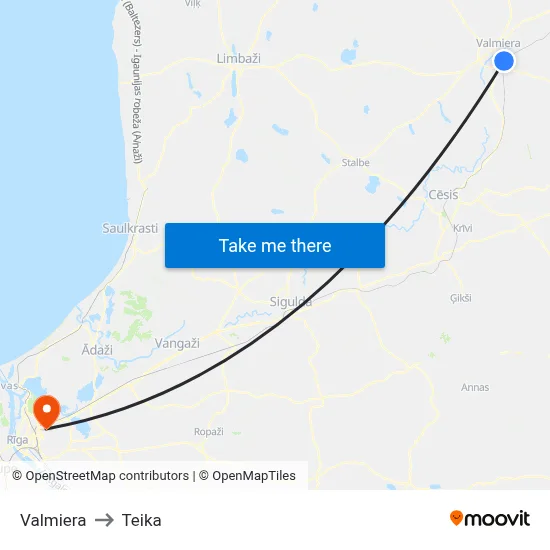 Valmiera to Teika map