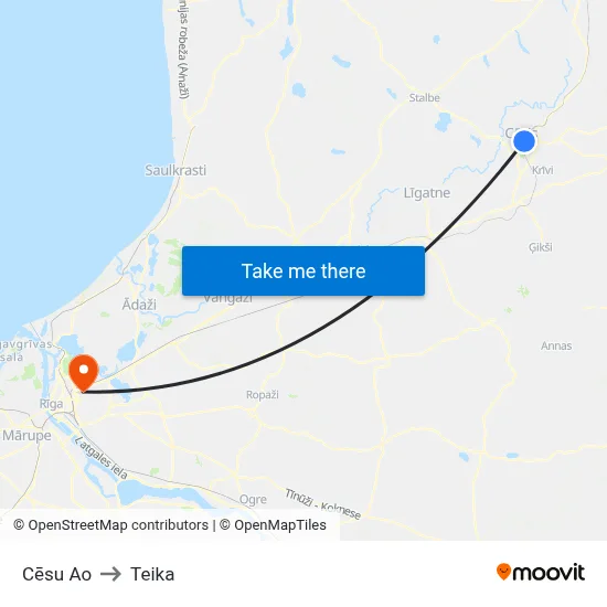Cēsu Ao to Teika map