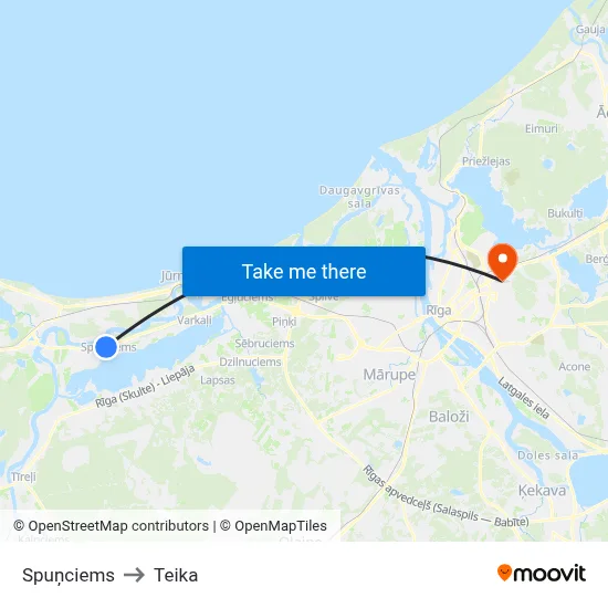 Spuņciems to Teika map