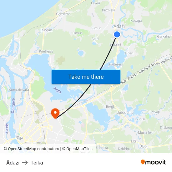 Ādaži to Teika map