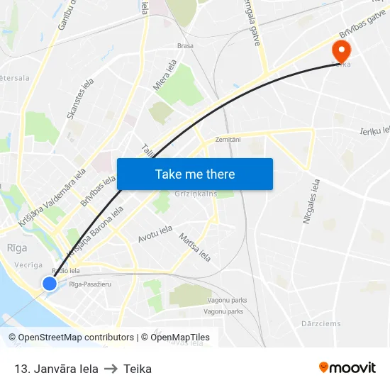 13. Janvāra Iela to Teika map