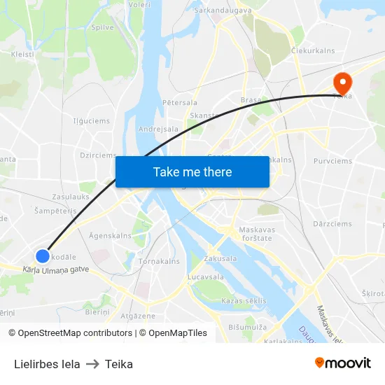 Lielirbes Iela to Teika map