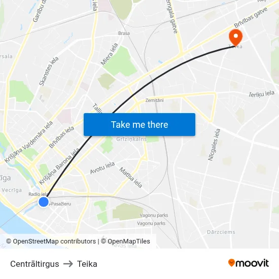 Centrāltirgus to Teika map