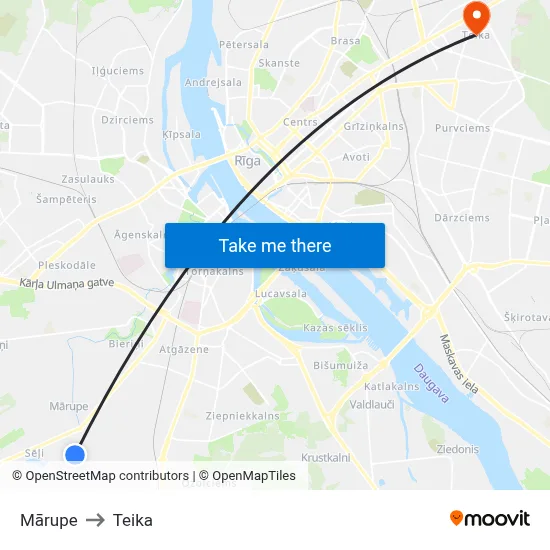 Mārupe to Teika map