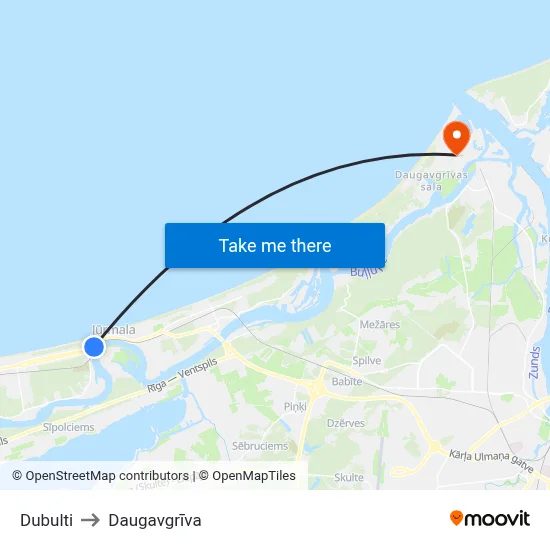 Dubulti to Daugavgrīva map