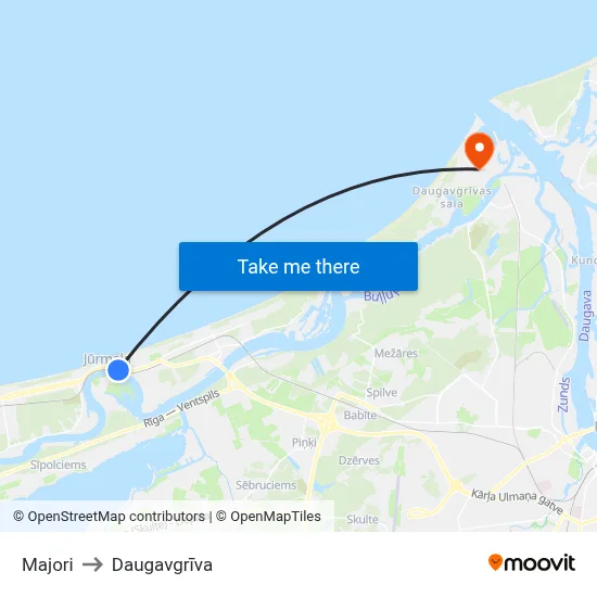 Majori to Daugavgrīva map
