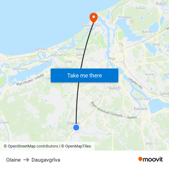 Olaine to Daugavgrīva map