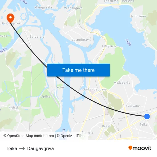Teika to Daugavgrīva map