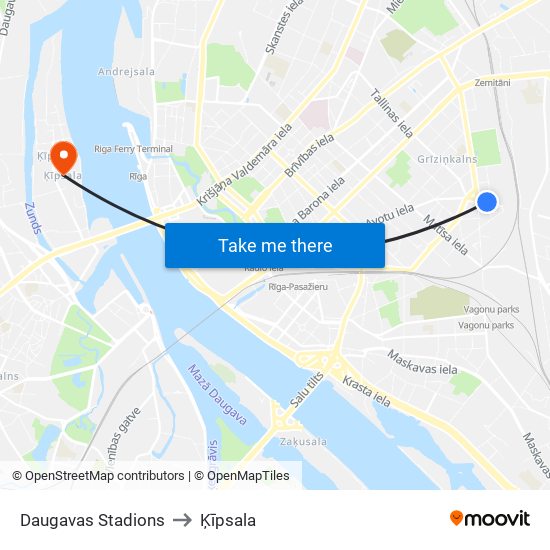 Daugavas Stadions to Ķīpsala map