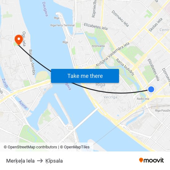 Merķeļa Iela to Ķīpsala map