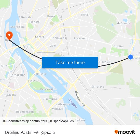 Dreiliņu Pasts to Ķīpsala map