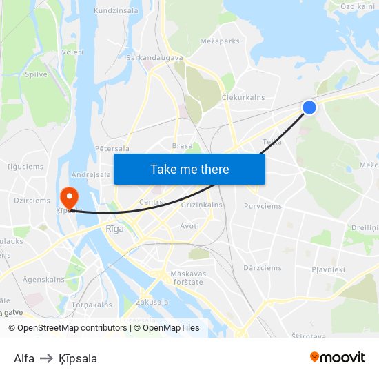 Alfa to Ķīpsala map