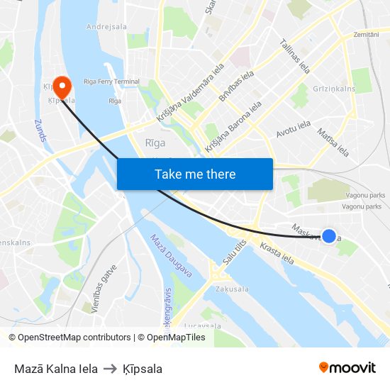 Mazā Kalna Iela to Ķīpsala map